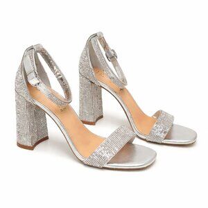 Journee Collection Silver Rhinestone Block Heel Sandals | Sparkly Ankle Strap Dr